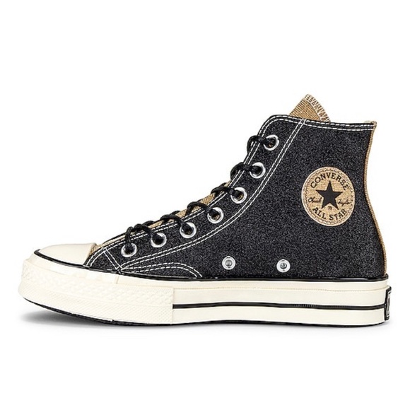Shoes - CONVERSE WOMEN’S CHUCK 70 GLITTER HI BLACK / GOLD - EGRET - BLACK / 8